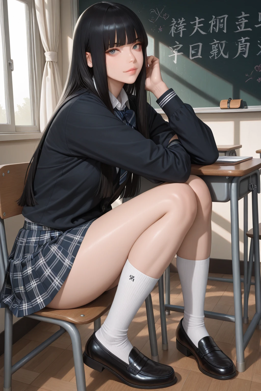 Long black hair, white skin, Chinese, young, thick eyebrows, black eyes, biting lips, white school uniform, green tie, small waist, blue short skirt, white socks, in the classroom, sitting on the desk, revealing white panties, slim legs, brown school shoes, realistic, 8k, masterpiece, high resolution, high resolution, anatomically correct, high resolution, inspired by Marin Kitagawa in anime