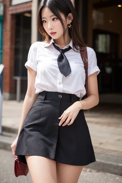 ((top quality, 8k, masterpiece: 1.3)), 1 girl, beauty with slender abs: 1.3, (long hair, big: 1.2), uniform: 1.1, ultra-detailed face, detailed eyes, double eyelids, plaid pleated skirt, navel, full body, thin thighs