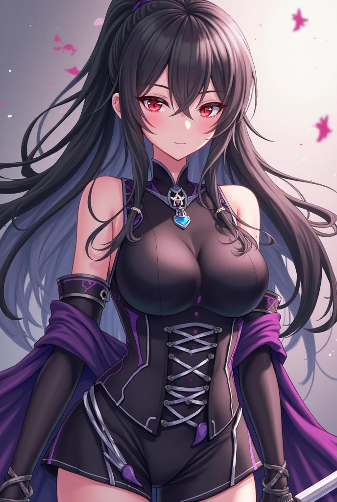 (masterpiece, high quality, high detail, UHD, HDR, 4k), young girl, long hair, blunt bangs, dark purple hair, violet eyes, Black Rich Closed Clothing, gothic clothing, portrait center, elegant, close up, upper body, cleavage, (rich dark background, abstract, misteryous, magus, thunder flash effect, dark energy, dark magic, over power magic)