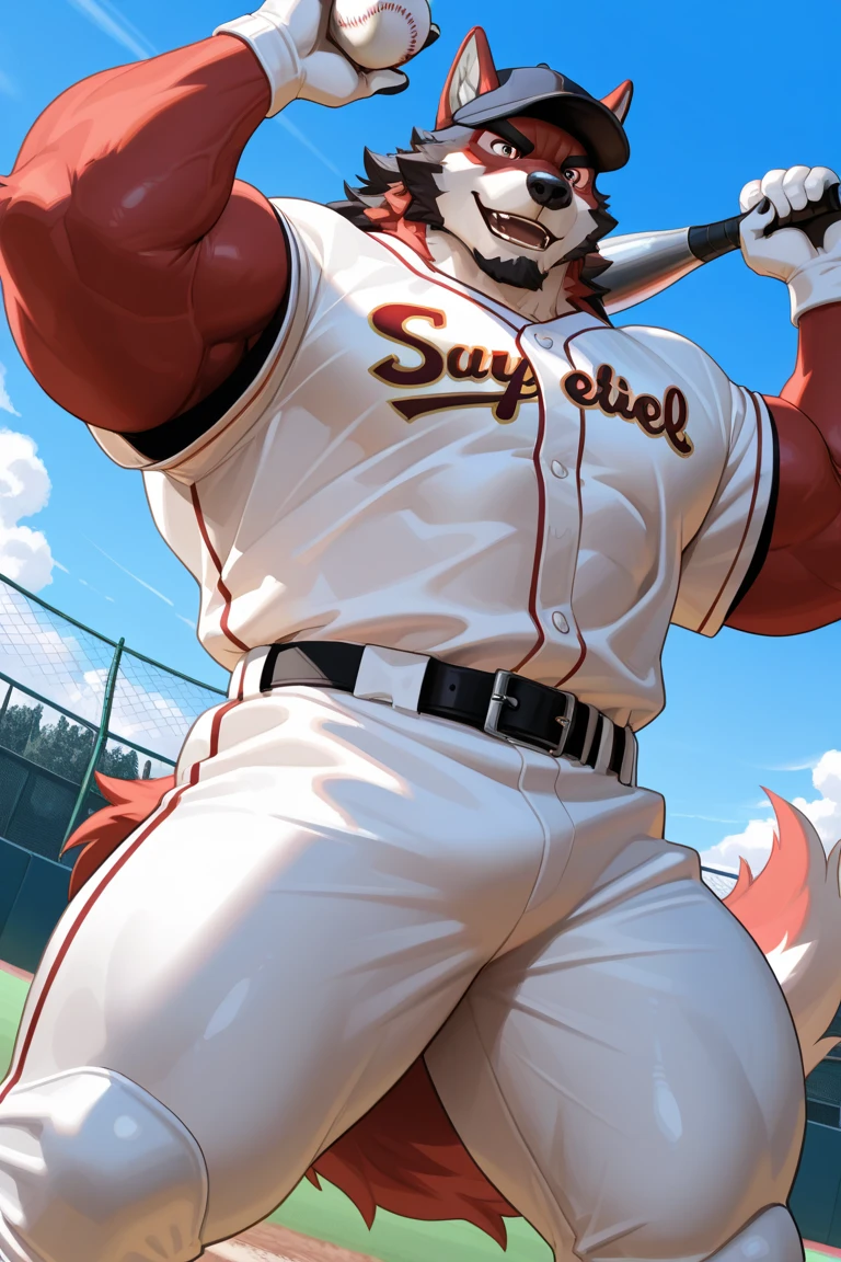 masterpiece, high quality, absurd res, digital painting \(artwork\), solo, (kemono:1.4), 1 male, dragon male, muscular body, baseball uniform, sliding pants, undershirt, smile
