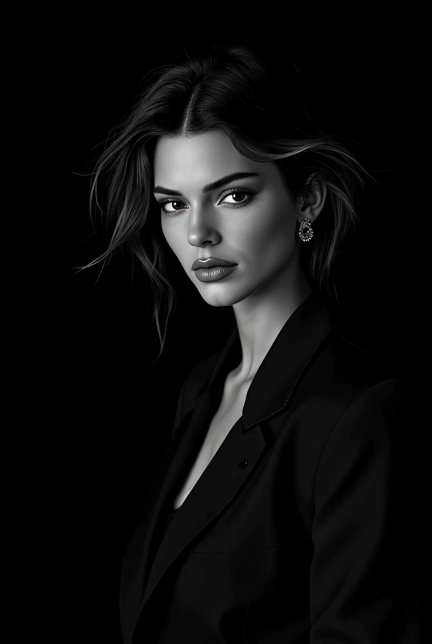 a young beautiful woman with long hair, (in ribbed crop top and leather pants on dark monochrome backdrop), (fine facial features), Tousled luxuriant hair, Supermodel, wavy hair, High resolution, (Masterpiece, Best Quality, High Quality:1.4), Intricate Details, sharp focus, detailed photograph, photorealistic lighting, trending on pixiv, trending on ArtStation, (soft lighting, vibrant colors:1.05), stylish dress