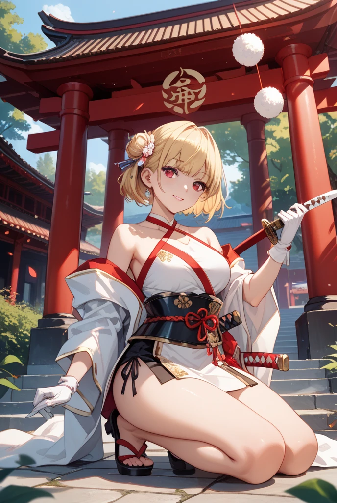 <lora:Yoimiya_mediumpruned:0.6>, masterpiece, best quality, highres, 1girl, asymmetrical hair, (bandaged leg), (bandages), bangs, black gloves, blonde hair, butterfly choker, chest tattoo, choker, cleavage, collarbone, fingerless gloves, fish hair ornament, floating hair, flower tattoo, gloves, hair between eyes, hair ornament, high ponytail, kanzashi, medium breasts, medium hair, open mouth, orange eyes, pendant choker, red choker, sidelocks, single fingerless glove, single glove, smile, tassel, tattoo, teeth, thighs, upper teeth only, wristband, cherry blossoms, cherry tree, torii, multiple torii, (chest sarashi, budget sarashi, sarashi:1.2), (hands on hips:1.2), (nude),