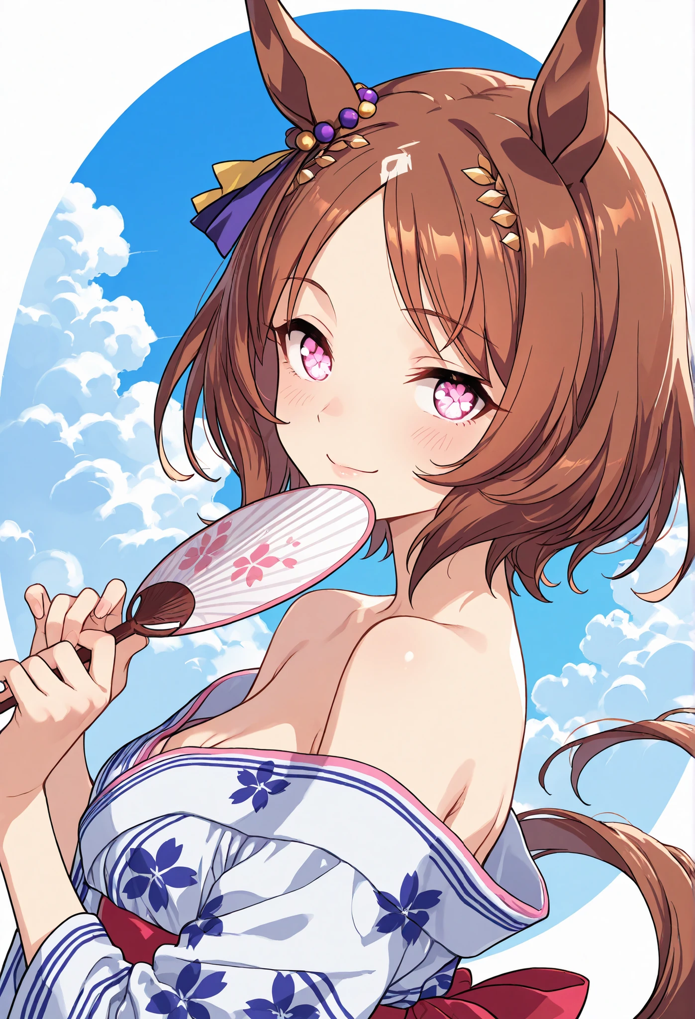 {{{1woman:1.3}}}, ,{{{ Sakura Laurel:1.5,月桂樹のhair ornament,hair ornament,Flower-patterned eyes,flower-patterned eyes,Uma Musume:1.4,Horse Ears:1.4,Horse Tail,}}},{{{small breasts }}}{{{masterpiece}}},{{{top quality}}}, {{Super Detailed}}, {{very delicate and beautiful}}}, {{{8k}}},{{{sketch:0.8}}},{{{flat color:0.6}}},{{{type-moon:1.5},{{{face focus:1.4}},{{{sexy pose}},,{{{simple back ground}}},{{{sexy pose,dynamic pose}}}{{{smile}}} }{{{batch:1.5}}}{,{{{flat color:0.6}}}\(umamusume\),clean lighting, front-facing, neutral background, realistic anime style, upper body portrait,{{{white yukata,Off-the-shoulder yukata,shoulder off:1.4}}},hold a fan in your hand,Blue Sky,Summer Clouds, sunshine,{{{seductive smile}}}Lift your face a little