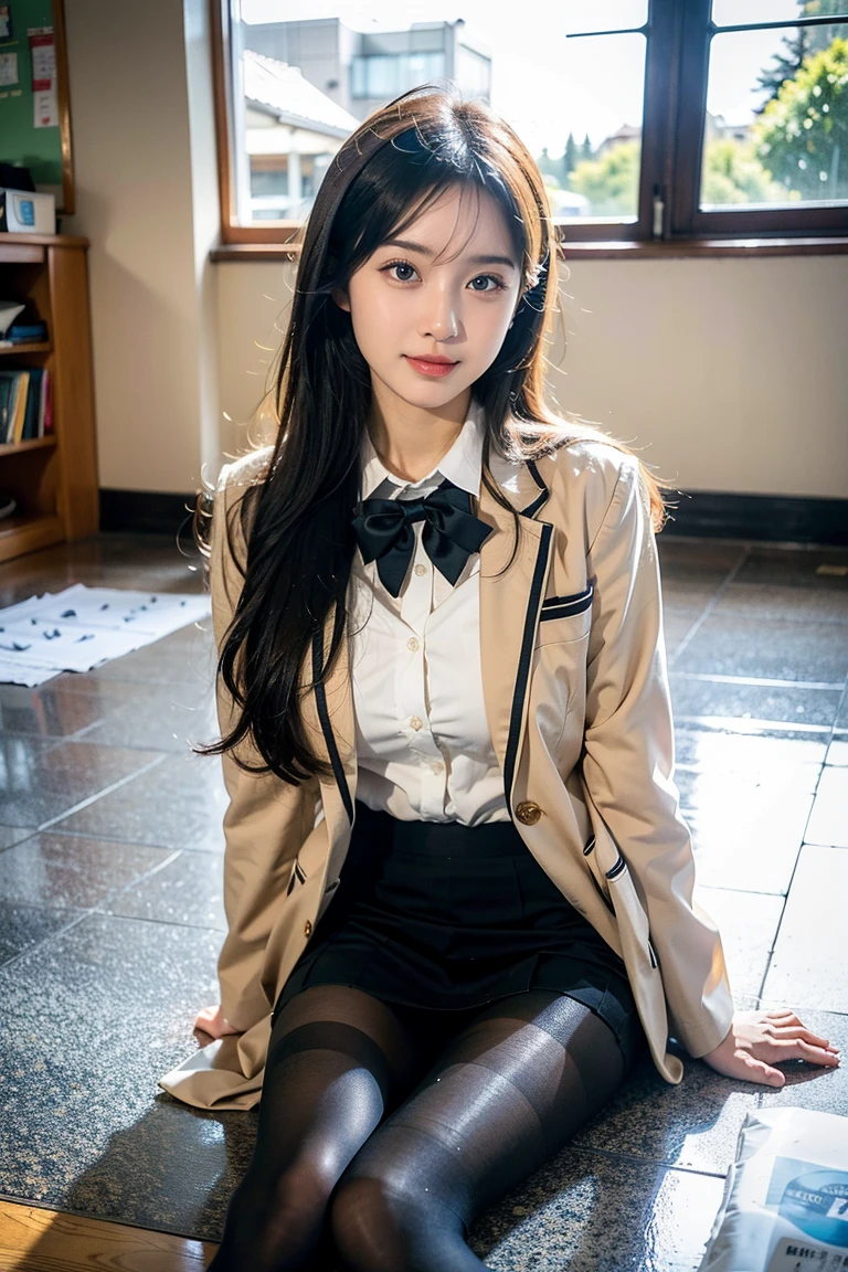 ulzzang-6500-v1.1, (raw photo:1.2), (photorealistic:1.4), beautiful detailed girl, very detailed eyes and face, beautiful detailed eyes, ridiculous, incredibly ridiculous, huge file size, super detailed, high resolution, very detailed, best quality, masterpiece, kemomimi, ((Japanese girls' high school uniform)), illustration, very detailed, CG, unified, 8k wallpaper, amazing, fine details, masterpiece, best quality, very detailed CG uniform 8k wallpaper, face light, cinematic lighting, 1girl, 16 years old, (without panties)), (with glasses), ((dynamic pose))), (camel toe), (half), (pantyhose), (bent knees and legs sitting))