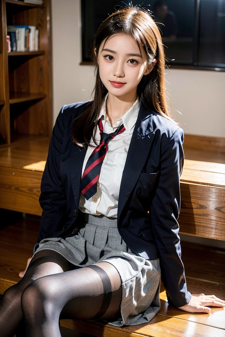 Top Quality、Hight Resolution、extremely highly detailed、masterpiece、Raw-Photo、realisitic、Photorealcitic、very delicate and beautiful.、delicate detail、textured skin、1girll、Solo、soio、18-year-old Japanese girl、Wearing a high school uniform、class room、(Body facing the camera:1.3)、(Sit on a school chair with your legs spread to the sides:1.2)、(Show me your white panties:1.2)、Dark blue jacket and plaid skirt、white shirts、Tie、Black Loafer's face is really pretty.:1.5)、Tall、Brown hair、(bare legs:1.1)、perfectly proportions、(Do not expose the upper body)、(In SFW)