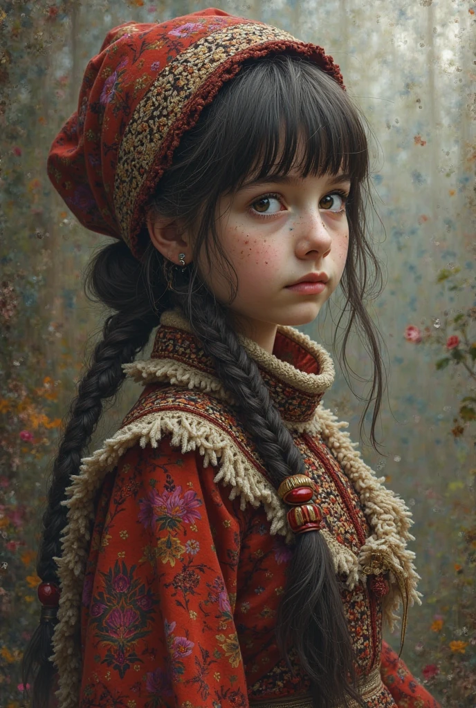 [portraite of a:young girl, blushful, in an elegant scarf:16] scenery, russian village, Sitting on a bench by a birch tree, Russian paraphernalia, improvisation, 19th century, ((Todd Schorr's style )), hyper-detailing, Deep drawing of the plot, /rot:0.2/blau:0.2/chlorine:0.2/gris:0.2,