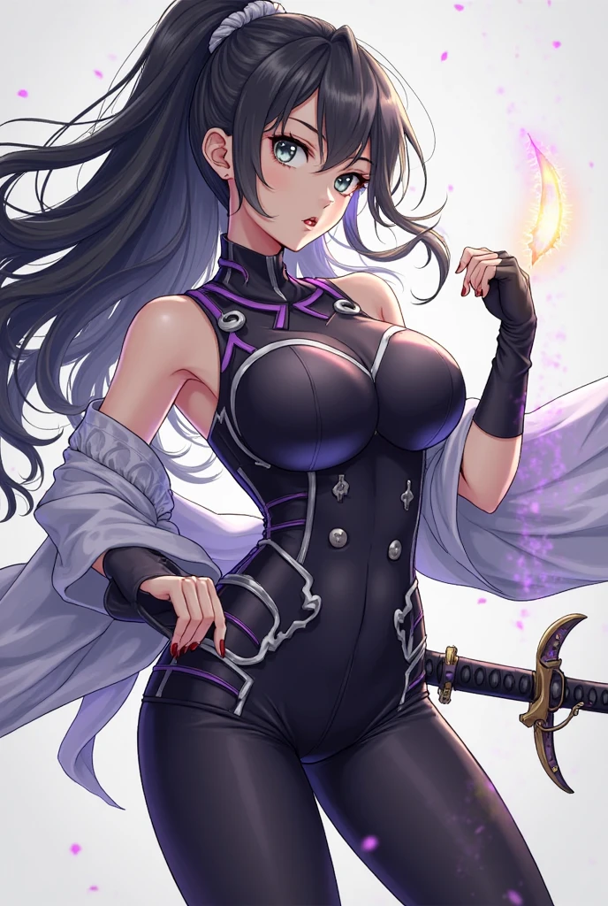 hmmr1, minamoto no raikou (fate), (dark-purple hair, long hair:1.7), purple eyes, seductive smile, huge breasts sweating, glowing eyes, breasts, 1girl, sword, cleavage, solo, large_breasts, looking_at_viewer, leaf, holding_weapon, long_sleeves, collarbone, holding_sword, gloves, floating_hair, parted_lips, black_gloves, upper_body, collar, jacket, falling_leaves, choker, petals, autumn_leaves, glow effects, godrays, Hand drawn, render, 8k, octane render, cinema 4d, blender, dark, atmospheric 4k ultra detailed, cinematic, Sharp focus, big depth of field, Masterpiece, colors, 3d octane render, 4k, concept art, trending on artstation, hyperrealistic, Vivid colors, extremely detailed CG unity 8k wallpaper, trending on CGSociety, Intricate, High Detail, dramatic,