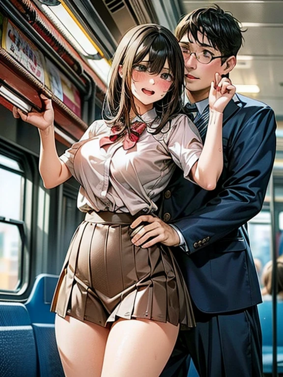 (SFW), ((photorealistic)), (masterpiece), (best quality:1.3), absurdness, [:intricate details1.3], SFW, realistic, masterpiece, (VERY crowded subway train interior detailed scenario, VERY crowded subway train interior detailed background), standing insanely hot (young small girl1) using sexy (mini skirt)), ((behind skirt lifted)), ((3/4 white stockings, big ass)), ((thick thighs)), (fear expression), (blushed face), (perfect body proportions)), old small man ass groping young small girl 1 from behind, (((old small man pressing his chest on young woman 1 back))) and (((holding her waist behind her)))