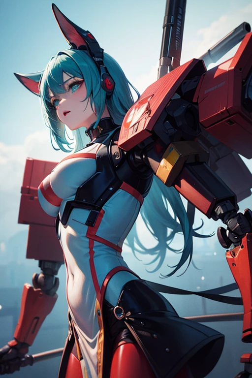1girl, long blue hair twintail, blue eyes, wearing red skintight rubber, mountains, absurdres, high res, ultrasharp, 8K, masterpiece, looking at viewer