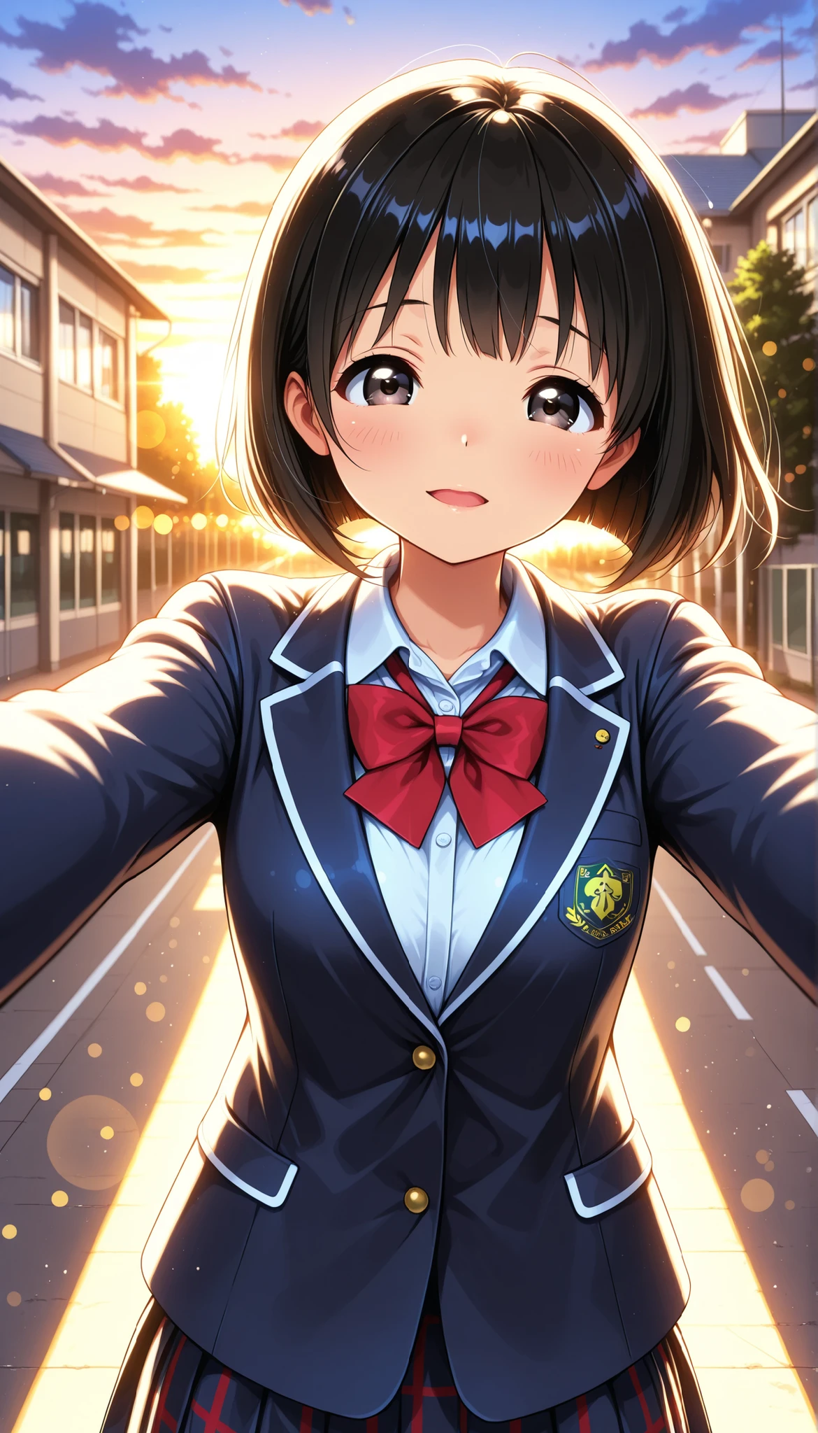 High Quality,4K,8K,real,フォトrealな,Like a painting,hyper-detailed,wearing a professional,Vivid Color,Bokeh,School building , 18 year old,cute,tareme,black haired short bob,wearing a school blazer uniform,stares at the viewer, Extend your arms, torogao, Face Closeup, Expressive,natural standing position,Everyday school scene,Elegant,anime style,Digital art, early morning, sunrise gradation, 