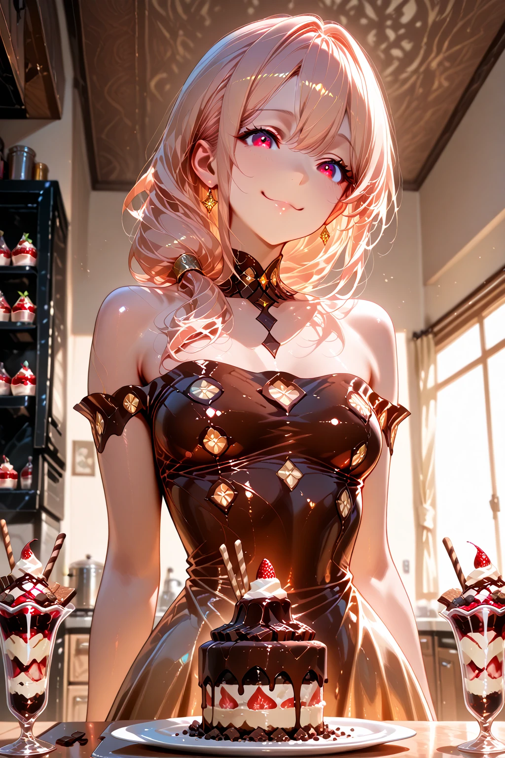 (small breasts:1.2), (perky chest:1.2), (pointed chest:1.2), (Pudding cake magazine cover:1.3),(from above:1.0),(fromside:0.9),masterpiece, 1girl, Amazing Cleavage:1.1, thin waist, optimum,tmasterpiece,hight resolution,best qualtiy,hyper HD,super detailing,awardwinning,16 K,solo,(The upper part of the body),anatomy correct,Beautiful cyberpunk girl,Cowboy Shot,cute face,a blond,Longhaire,Twin-tailed,Braids, Hairline,(scarlet eyes),long eyelasher,Hanging eye corners,White skin of the,shoot from the side, ((see through camisole:0.1)), ((Sheer nipples:1.0)),Rocket Tits,(Slim body),smile,seductive weak smiling,(with sparkling eyes and a contagious smile),open mouth, Looking at Viewer,