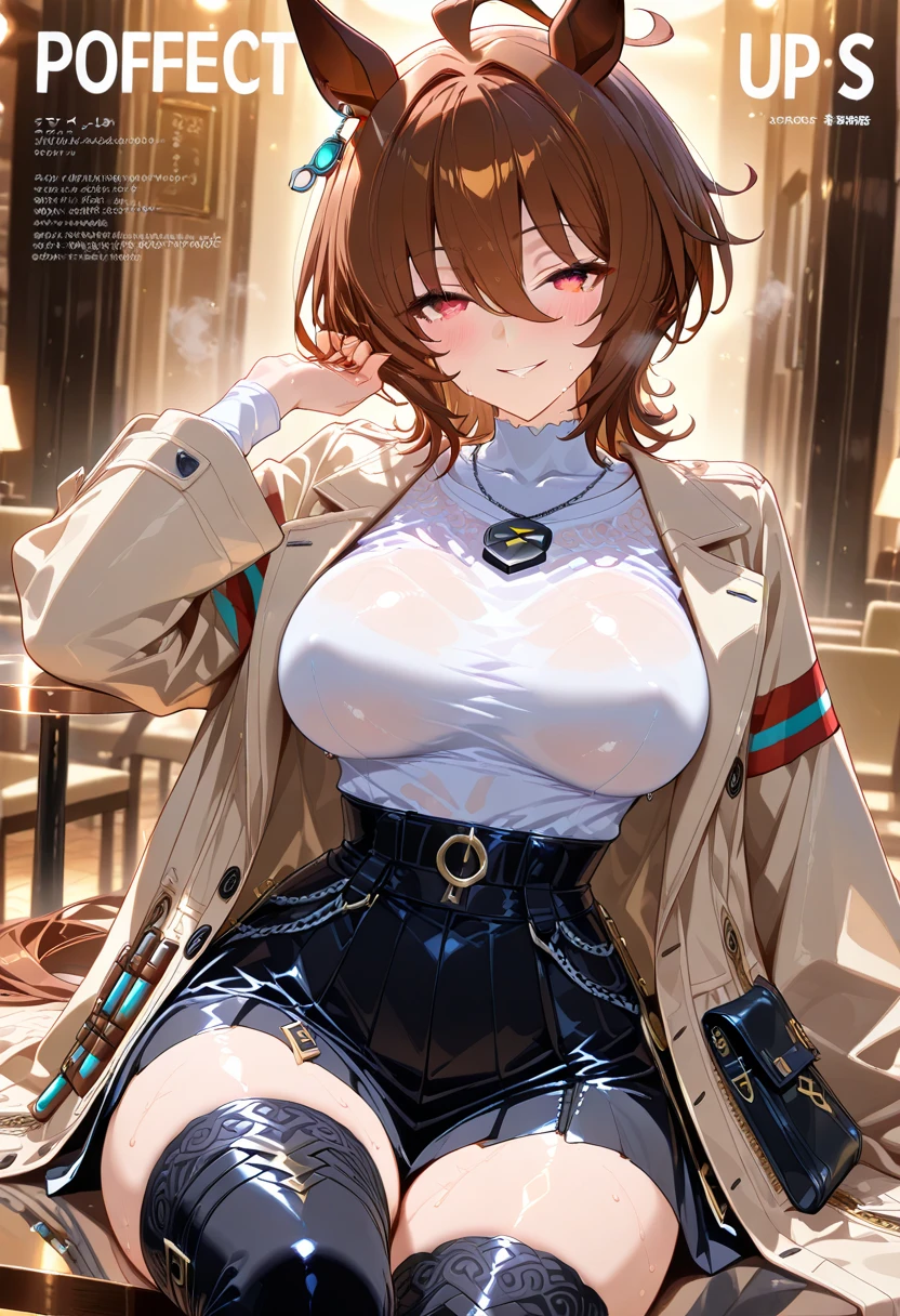 hair covering one eye,off-shoulder,mini skirt,choker,armlet,belt,knee-high socks,high heels,brown skin,large breasts, high quality,