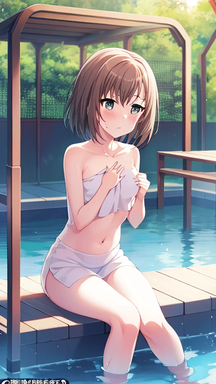 10 years old,Girl,,Flat Chest,Full nudity,From the back,Highest quality、High resolution、Detailed Background、Beautiful face in every detail、Teenage Beauty、Brown Hair、Bobcut、Embarrassing、boost mood、 Summer sun、Shining Sea,Hands behind back
