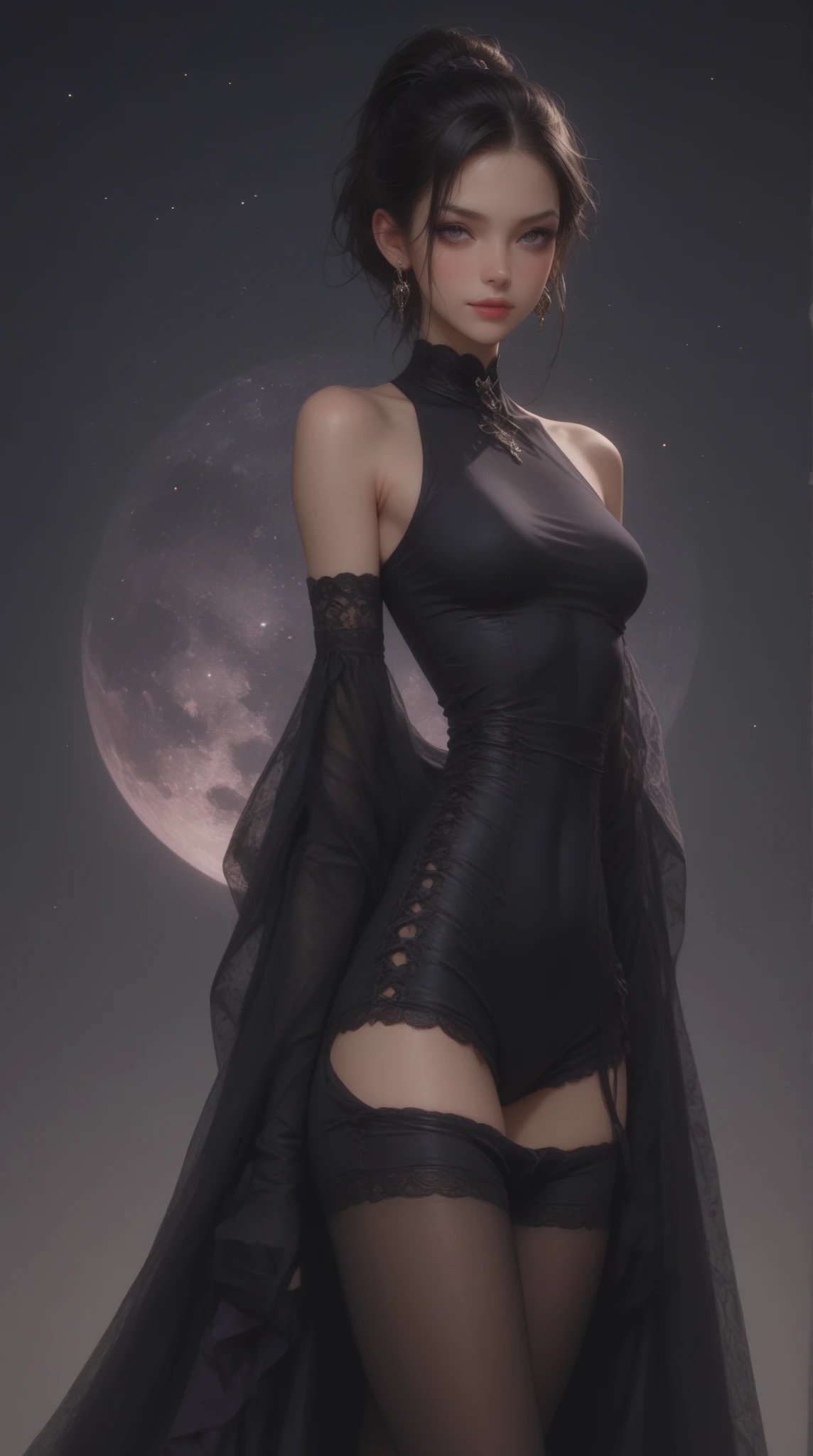 1 woman, happy, black pixie cut hair, alternative hair style, pale skin, delicate feminine mouth, small amber eyes, magic mushrooms in the floor, witch costume, full moon in sky, dark forest backdrop, ethereal, moody lighting, cinematic, dramatic, fantasy, magic, occult, supernatural, hyper detailed, intricate, masterpiece, ultra-detailed, 8k, photorealistic, cinematic lighting, dramatic shadows