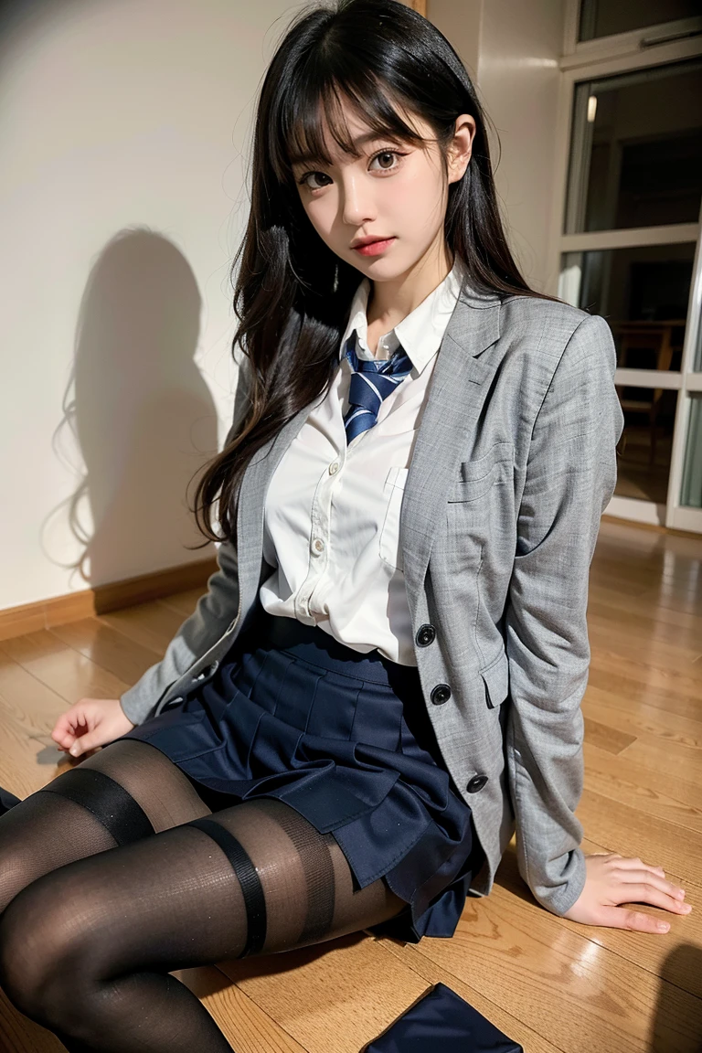 ((highest quality、8K、masterpiece:1.3))、1 girl、thin abs、sofa、highly detailed face、detailed eye、double eyelid、flat chest、small breasts、、清楚な女子high school student、laughter、 uniform、Panties are visible through the skirt、18-year-oldの女性、sheer white shirt、navy blue ribbon on collar、Dark blue pleated micro mini、sexy、peek at the audience、beautiful graphics、Bright school building with strong sunlight、Please show me your whole body、standing、Plump panties、white socks、lift the hem of the skirt with both hands、Show me my white lace panties、Depth of bounds written、background bokeh、high school student1 Japanese idol、Mayumi Watase、Face length and thin surface、Jet black eyes、long eyes、glasses、jet black hair、Warren Ponytail、Mature、small breasts、slender body shape、school uniform、Blazer School Uniform、18-year-old、女子high school student、Inside the gymnasium