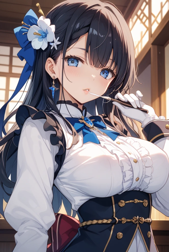 best quality, extremely detailed,anime style girl,long hair down to the waist, straight hair, ((dark black hair with bluish)),braid,beautiful detailed eyes, pinched eyes, (dark blue eyes),huge breasts,curvy,fantasy white casual clothing,Clothing with complex patterns,hair ornament,fantasy street,cool expression,dynamic angle
