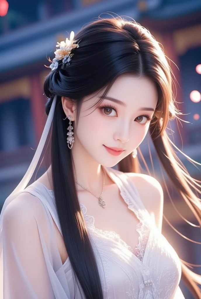 perfect face, Smile Yan, Gentle Slit Eyes,  well-balanced perfect style , beautiful brown eyes, beautiful pink lips, Perfect Balanced Body, long, glossy, and beautiful brown-black hair, Well-shaped medium , glossy cleavage, earrings, necklace, Glossy Beautiful Skin, Graceful Art, smiling,  white lace half dress, Colorful and Vivid Colors, hair fluttering in the wind, Chinese period drama Chang'an City, palace building, Night Sky, starry sky, Shining Star, Perfect drawing composition, Open the top of the image slightly, placed in the center of the image area, high definition, High Definition, 8k, masterpiece, top quality, perfect art, Detailed illustration art, Digital art,  CG in detail, 