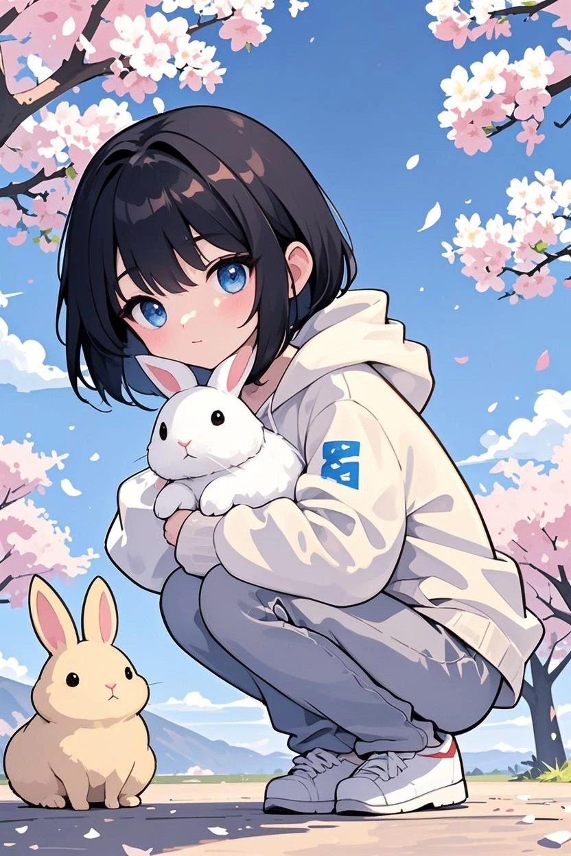 comfy cute short girl in a white hoodie squatting outdoors, cat ears, (floating lens flare bubbles), fang, (detailed eyes, two-colour eyes, purple turquoise gradient eyes), short brown hair, fluffy hair, sneakers, white underwear, broad daylight park scenery, dynamic angle