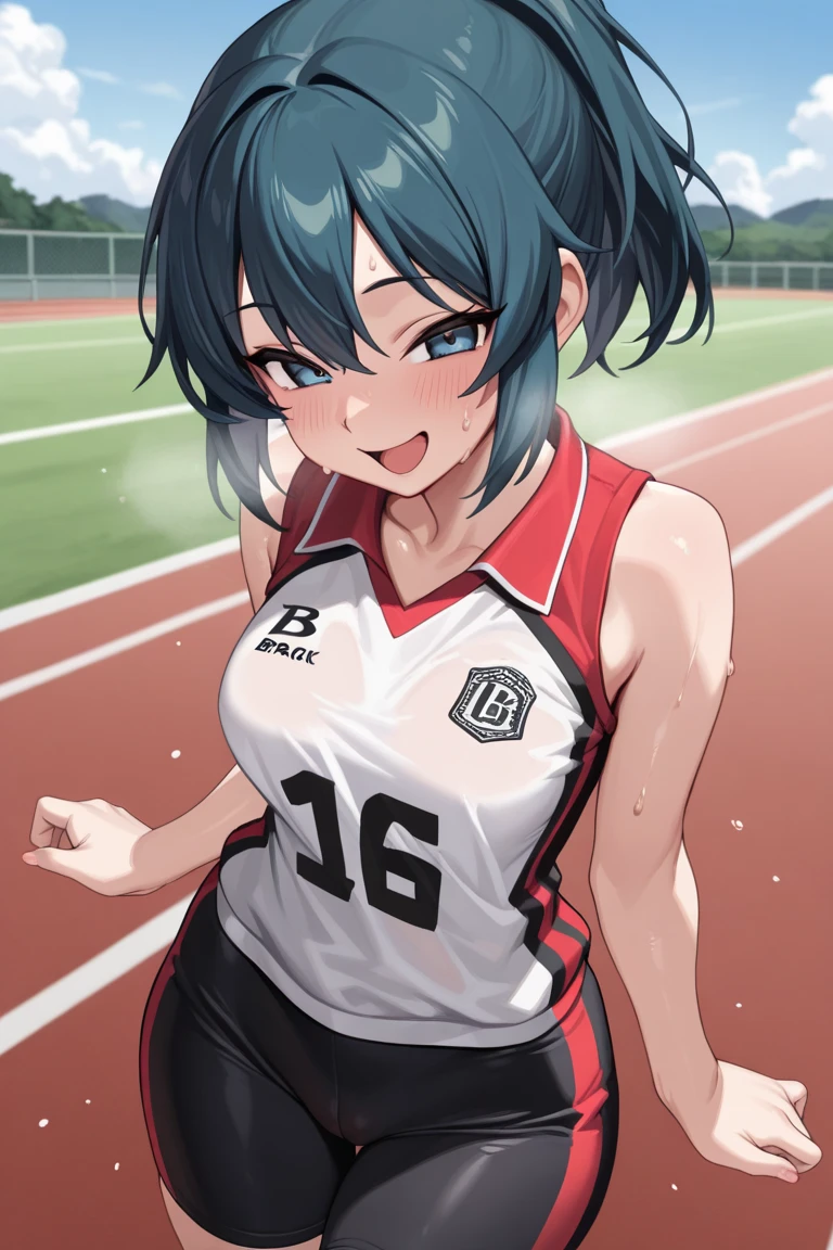 Wearing a soccer uniform with an embroidered logo、middle School girls、Sweaty and looking happy、Her nipples are visible and protruding、small breastasturbating