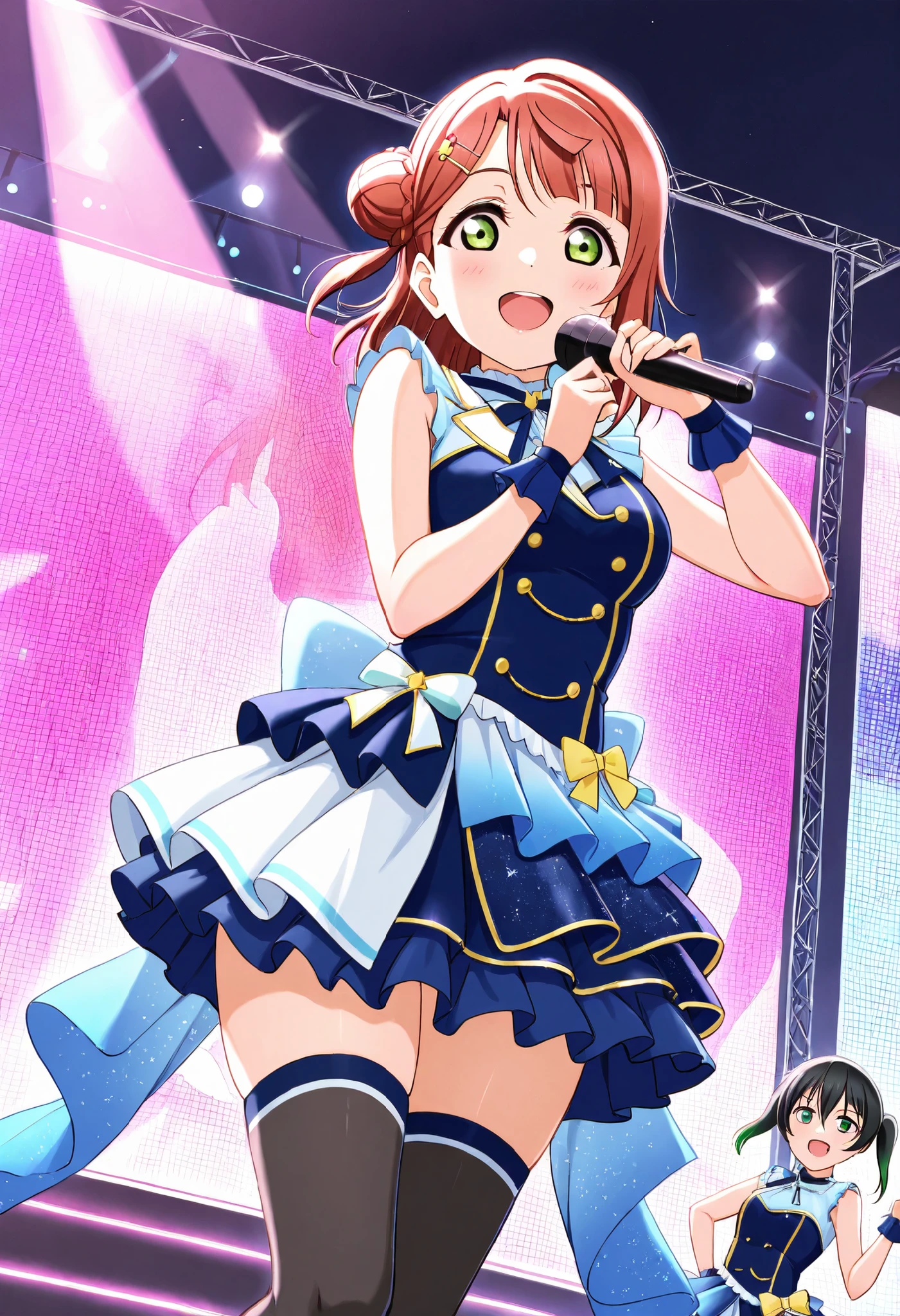 (((Pixel Perfect, Perfect Detail))), (((Skirt Diameter from Below,))), Alone, Alone Girl, Kosaka Honoka, (μ's Idol Dress), Looking at Viewer, Smiling, μ's, Love Live! Stage, Singing, (Tucked Skirt 1.3), (Detailed Pants 1.3), (White Pants: 1.3), (Ruffle Pants: 1.3), (frilly Panties: 1.0), (Cotton Pants), (Low Angle), (Ruffled Petticoat), Blue Eyes, Orange Hair, One Side Up Hair, Short Hair, (Open Legs: 1.3)