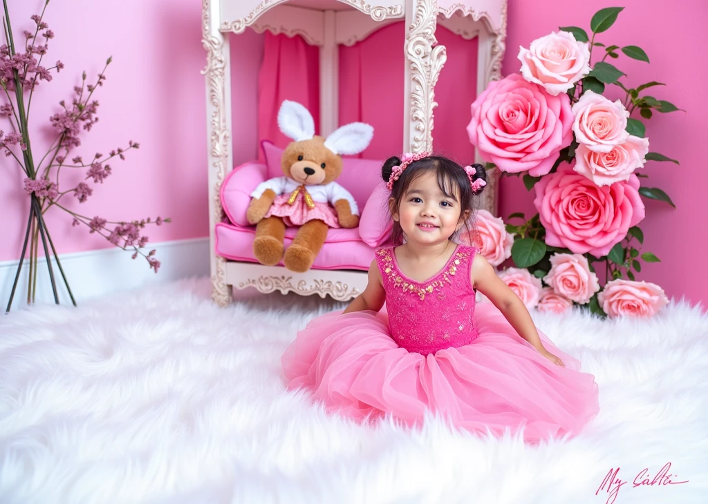 Araffe girl in pink dress sitting on pink fluffy rug with cake, 2 years old, 1614572159, very magical and dreamy, the background is heavenly, viñeta, 3127318783, magical mood, beautiful pink , 🤬 🤮 💕 🎀, raised, princess girl, graphic