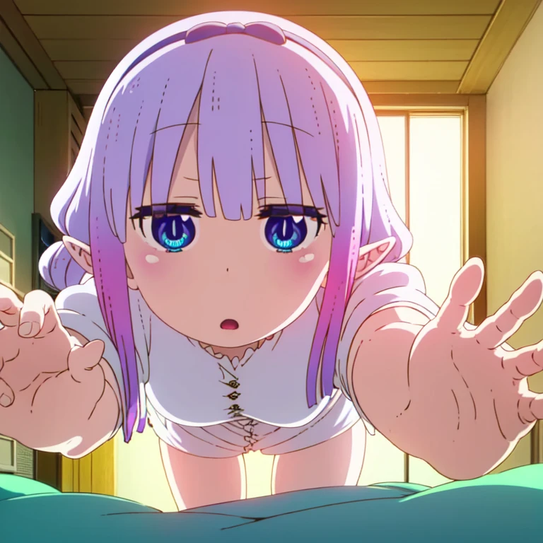 1girl in, MLSN's'S, 薄いPink hair皮, Pink hair, Green eyeS, Small,fullnude, SleeveleSS, Looking at Viewer, From above, Short hair,How to kneel in Japan