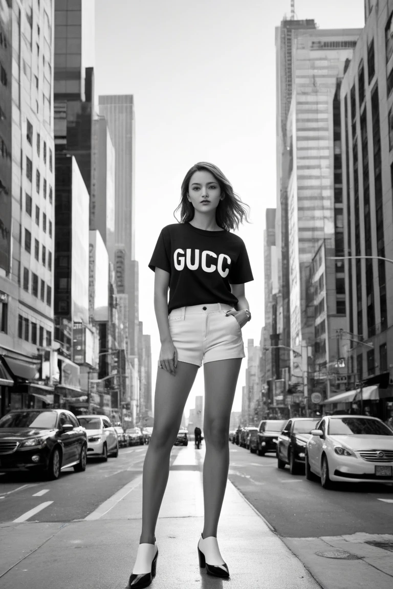 Jun wearing a white t-shirt, thick vertical striped pants, shopping on a busy street in the city of São Paulo, face detailed, gorgeous eyes, bright coloured, highy detailed, 8K, photorrealistic, conceptual artwork, Vibrant Cityscape, neon lights, dynamic pose, Olá3JTS, breastsout; Brazilian flag printed on t-shirt.