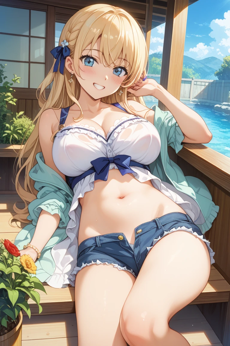 (Highest quality, 4K, 8k, High resolution, masterpiece:1.2), Very detailed, Picturesque, Anime style photo, Photo Anime:1.37)、a beautiful japanese woman standing by bedroom、blonde hair、short hair、gyaru、tan、bikini tan lines、(((completely naked)))、pierce、necklace、bracelet