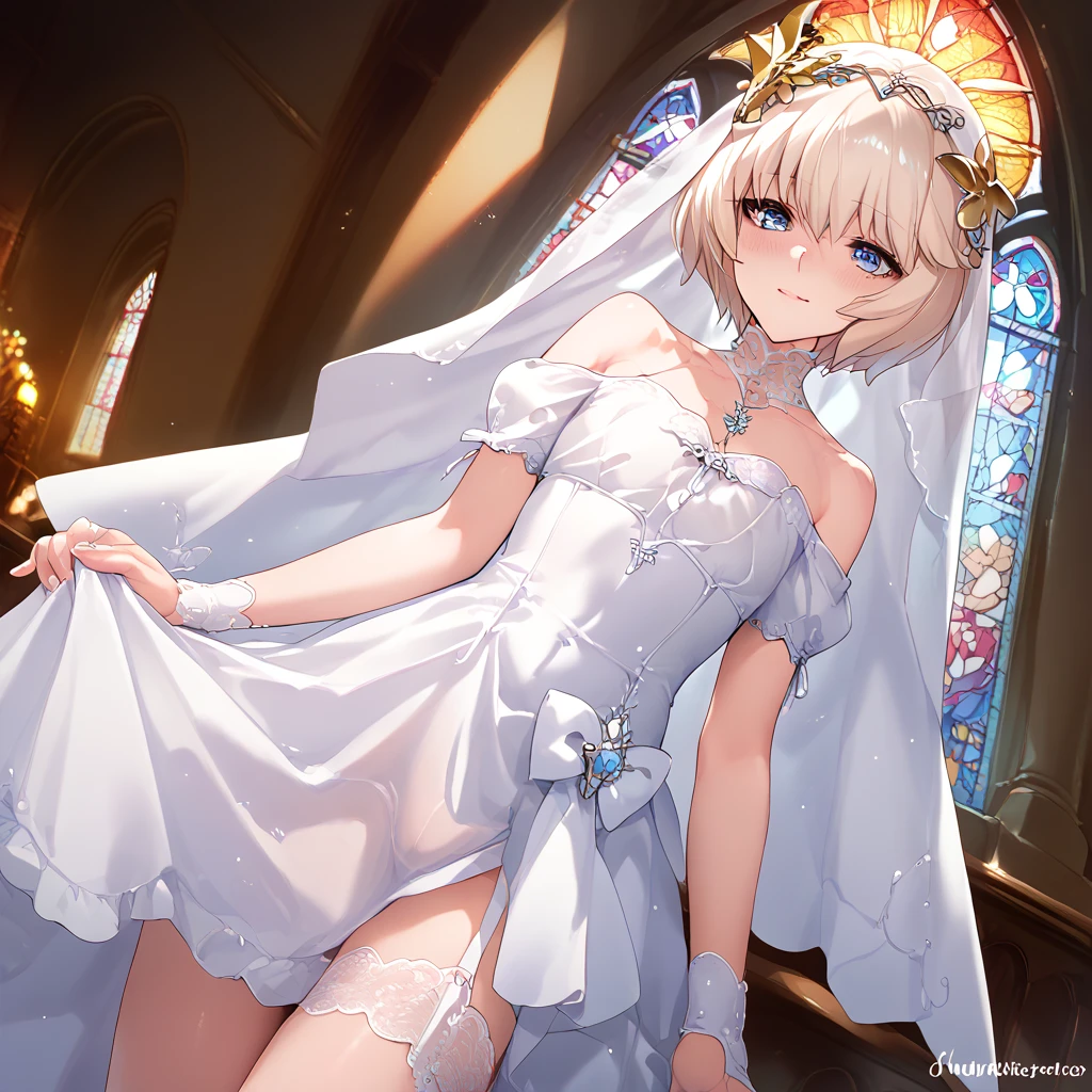 Anime style, super fine illustration, highly detailed, beautiful detailed, pale tone image, static representation, gentle expression, 8k, pretty 1girl with blonde straight short hair & blue eyes & a bright smile & full bust & soft fair skin is wearing the wedding dress in the church, brilliant particles of lights, romantic stories, solo, perfect 5fingers, perfect arms, perfect legs, masterpiece.