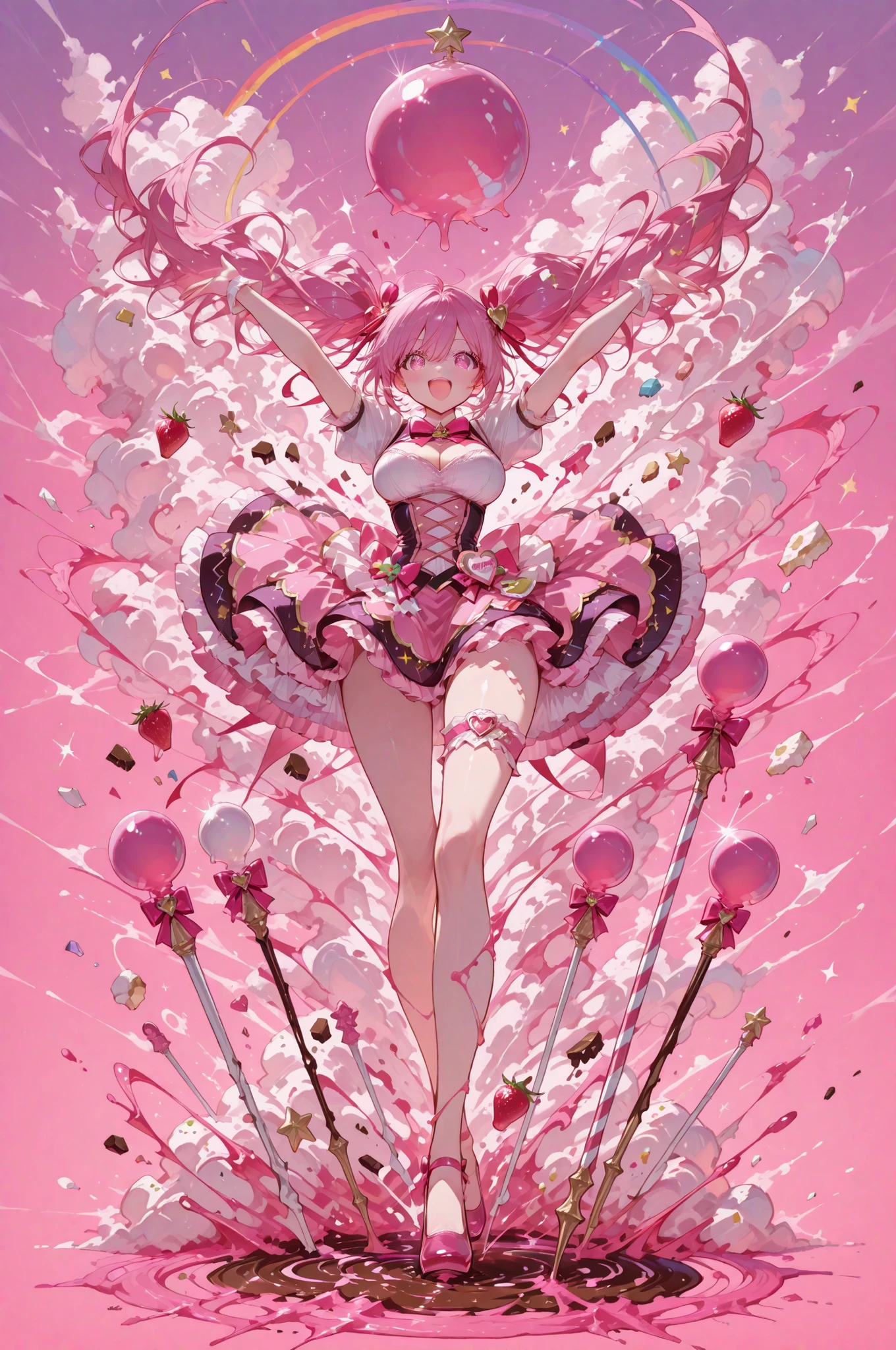 masterpiece, best quality, flat anime, score_9_up, score_8_up, score_7_up, illustration, anime artwork
BREAK
1girl, solo, 20-year-old Japanese adult woman, captured in a dynamic magical girl transformation pose, shot from a dramatic low angle to emphasize her power, vertical composition, a joyful and determined shout as she transforms.
large expressive eyes with a hyper-detailed kaleidoscope iris pattern of swirling, multi-colored cake frosting and sparkling sugar crystals, beautiful detailed eyes with confectionery complexity, pupils reflecting a magical cake emblem.
BREAK
(((bubblegum pink hair))) is mid-transformation, rapidly growing longer and forming into two impossibly voluminous twin-tails. Ribbons of pulled strawberry  and licorice strips materialize and intricately braid themselves into her hair, which is being showered in a cascade of hyper-detailed, multi-colored sprinkles and star-shaped candies.
BREAK
very large breasts, deep prominent cleavage, her school uniform is bursting and dissolving into a fine cloud of flour and powdered sugar, revealing her figure. In its place, a magical girl outfit is materializing from tangible sweets: liquid white chocolate and raspberry coulis swirl around her torso, hardening into a complex, layered bodice with intricate filigree patterns. A petticoat made of impossibly fine, interwoven threads of spun sugar forms under a mini skirt made of hardened, glossy caramel panels.
BREAK
Her pose, with arms outstretched, is confident and powerful. In one hand, a giant magical pop weapon is forming, the stick a thick, striped  cane, and the head a massive, swirling disc of translucent, rainbow-colored hard  with tiny, real fruits embedded within.
BREAK
The background is not abstract energy, but an overwhelming, dynamic vortex of physical sweets ingredients: rivers of molten dark chocolate, clouds of fluffy whipped cream, a blizzard of hyper-detailed sprinkles and silver dragées, and massive, broken pieces of g