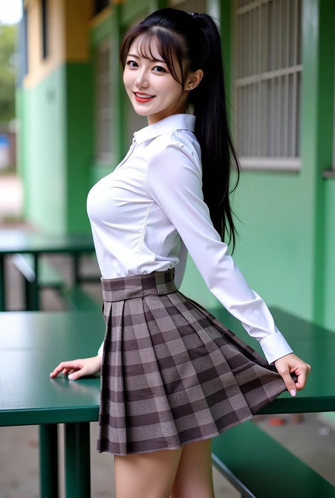 ((smile))、Confused、RAW Photos、(((The ultimate portrait masterpiece)))、((The cutest girl in the world:1.4))、1 girl、、Japanese、Cute face、((Silky Hair))、(A high ponytail tied with a ribbon:1.4)、((Super huge breasts:1.4))、((Eyes that shine like jewels))、Glowing Skin、(young woman;A consisting of a transparent white shirt, Thin ribbon, blazer, Checkered pleated skirt.:1.5)、Winter clothes、(Uniforms made from high-quality fabrics:1.4)、Ultra-detailed uniforms、(She shyly pulls up her skirt:1.3)、(I can see your beautiful vagina.:1.3)、((Crotch from the front))、A skirt fluttering in the wind、eyeliner、Beautiful Bangs、Hair between the eyes、((solve、High resolution))、Detailed Background、8 KUHD、Digital SLR、Soft Light、high solve、Film Grain、Fujifilm XT3、Shallow depth of field、自然なSoft Light、Narrow waist,(Beautiful girl with sparkling eyes:1.3),(A big bust that seems to burst:1),(Sometimes I squat so I can see my pussy line:0),(Very beautiful pussy line:1.2),(Skirt Lift:1.5)