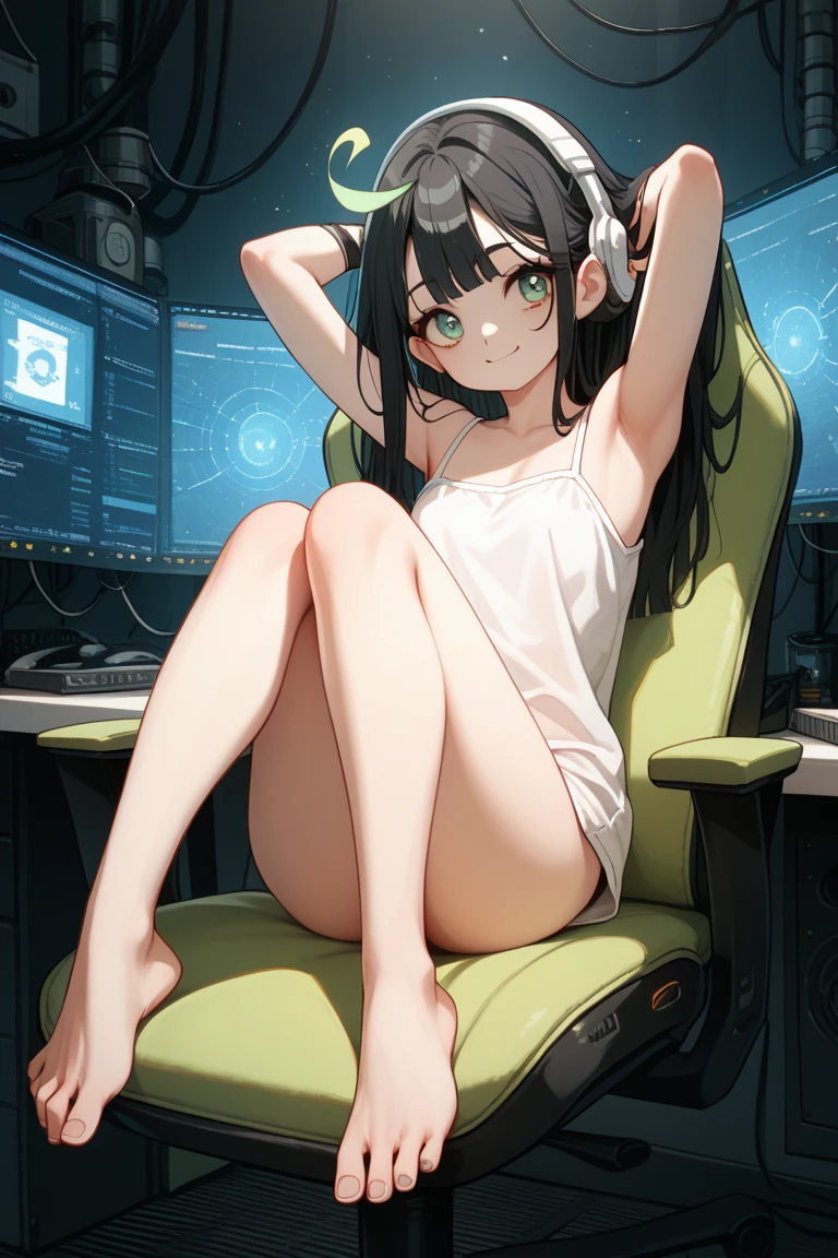 ultra-quality, ultla highres, Hyper Detailed, High contrast, superfine illustration, creative refinement, Being in space, The cockpit of the spaceship, Sit in the cockpit, Operating the Computer with a Display Projected in the Air, Camisole, Panties