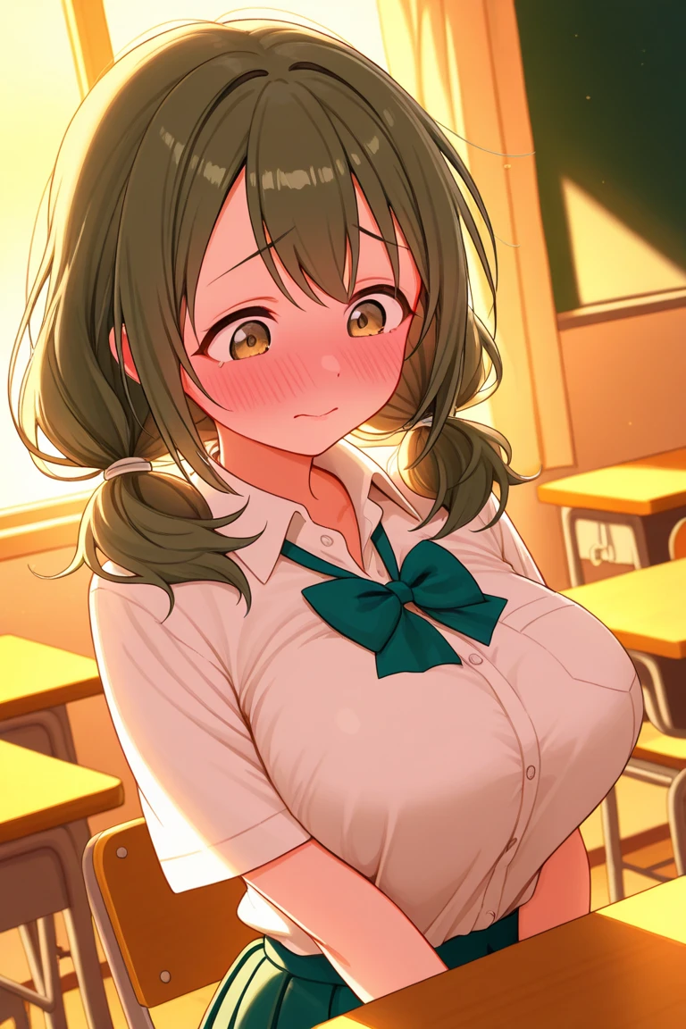 Erotic Anime Illustration、Anime Style、High resolution、Ecstatic expression、Nishizumi Maho、Girls und Panzer、Half-naked female teacher making sex appeal in the classroom、Perfect proportions、Cowboy Shot、Very large breasts、Fatty thick legs、Sweaty