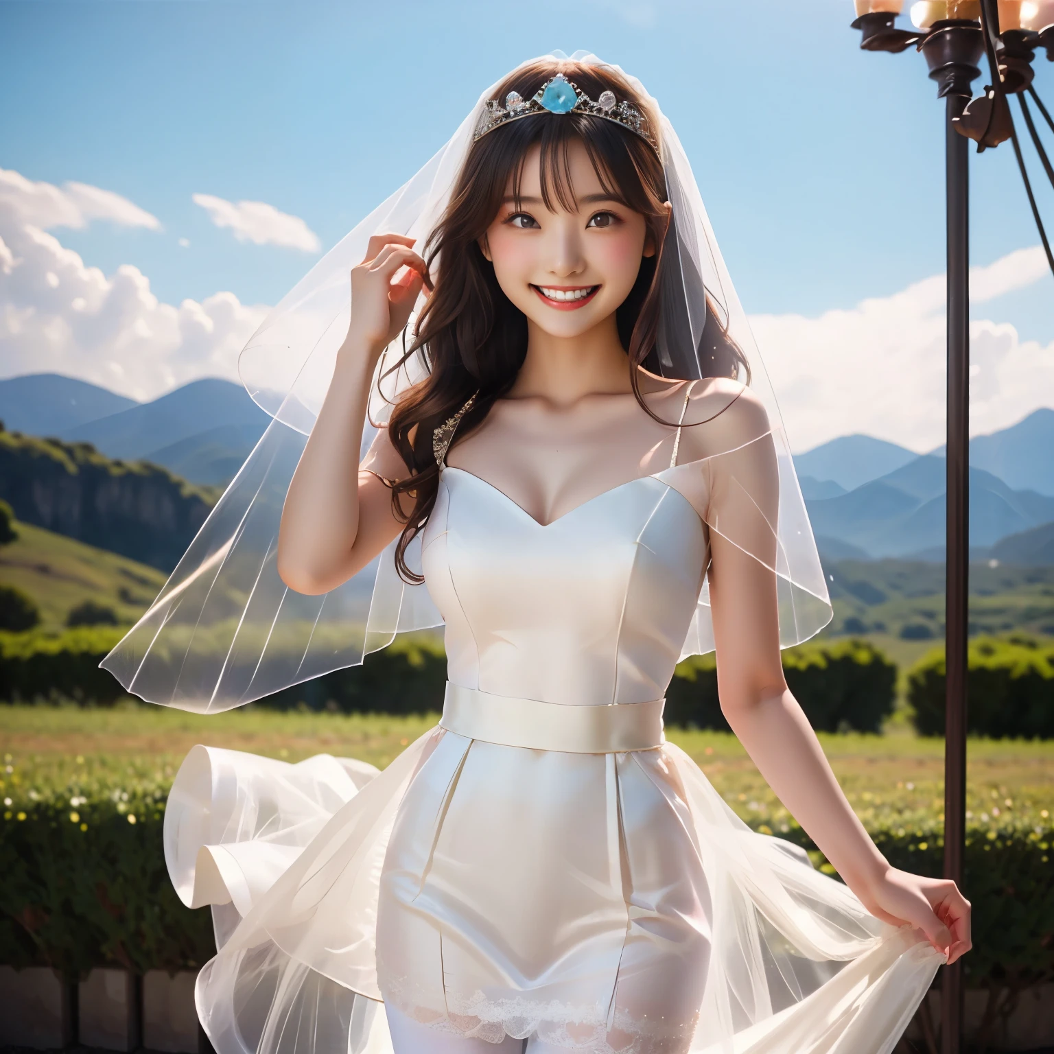 {{{{{{deborah(dq5)}}}}}}, 1girl, solo, black hair,{{official style}},{large tongue}, oval eyes, smile,high res image, masterpiece, best quality,{{{open mouth}}}, {{{white veil, wedding princess white dress, wedding dress}}}, light ray, lens flare, white petals, exotic, bride, marriage, beautifully dressed, shiny clothes, lace on clothes, clothes lace, large skirt, lace trim, stand posture,{{shiny skin}}, [[[backlighting]]], Bride and Church in the World of Light,wrapped in the blessings of the Angel of Light, {{{game cg, promotional art, year 2023}}}, {{official art}}, {watercolor (medium)}, depth of field, scenery,best painting with smooth soft pastel colors and gentle gradations, dynamic poses, Dynamic angle, {{{{Very aesthetic,best quality, highest super resolution}}}},highest awesome extremely fine,amazing quality, absurdres,{{{{amazing quality,high quality, best quality}}}}, highres,HDR,, best quality, amazing quality, very aesthetic, absurdres