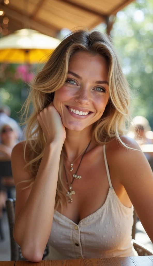 close up of face Sexy woman with big breasts deep neckline open long dress with canvas claw clip messy hair DDD big breast super big breasts tanned skin hyper realistic,ultra HD,perfect smile snow white teeth,bright light lipstick, blond hair, girl lying on the grass, close up of 2 girls