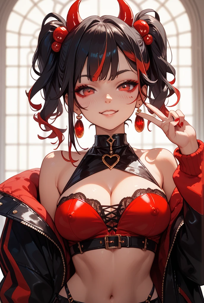 One person, High resolution, chest, Open your mouth, Shortcuts, Black Hair, Red eyes, Sticking out tongue, 大きなchest, Slanted Eyes, Ahegao, Saliva stringing, A seductive smile, Hearts in eyes, excited, Teardrop, Character portrait, hair band, 