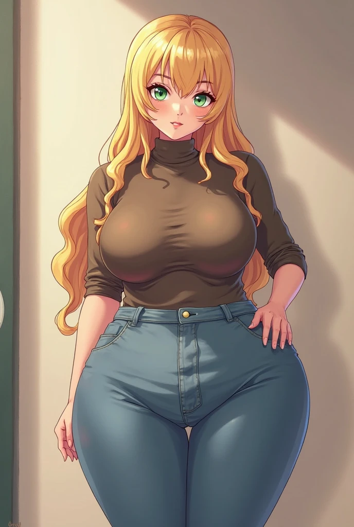 Tsunade Senju, 1 girl, ((bimbo))), long and blond hair, cute smile face, swollen lips, Painted lips, thick lips, Wide hips, thick thighs, huge ass, longing for costly lust , huge huge natural breasts, neckline, mature mother, High Waist Jeans, White cap, extending both arms