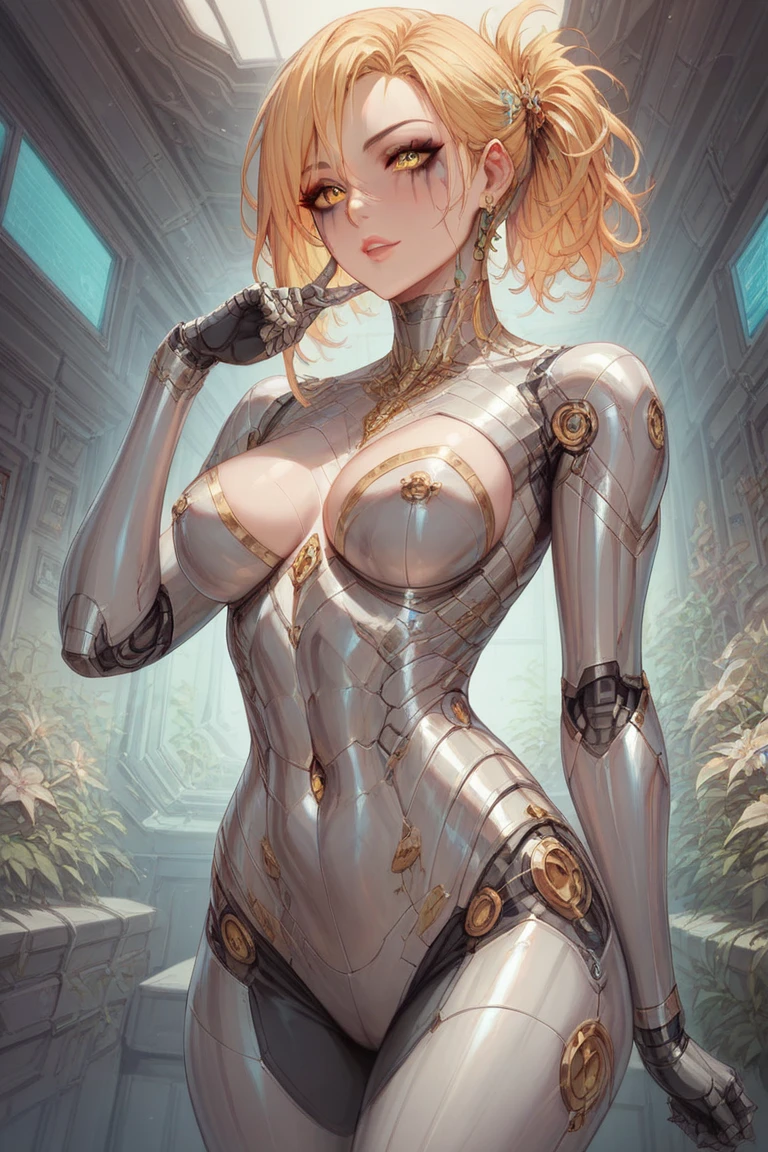 Female robot with l luscious curves and shimmering metallic body, exuding an alluring charm, enticing onlookers with her sleek design and captivating presence.