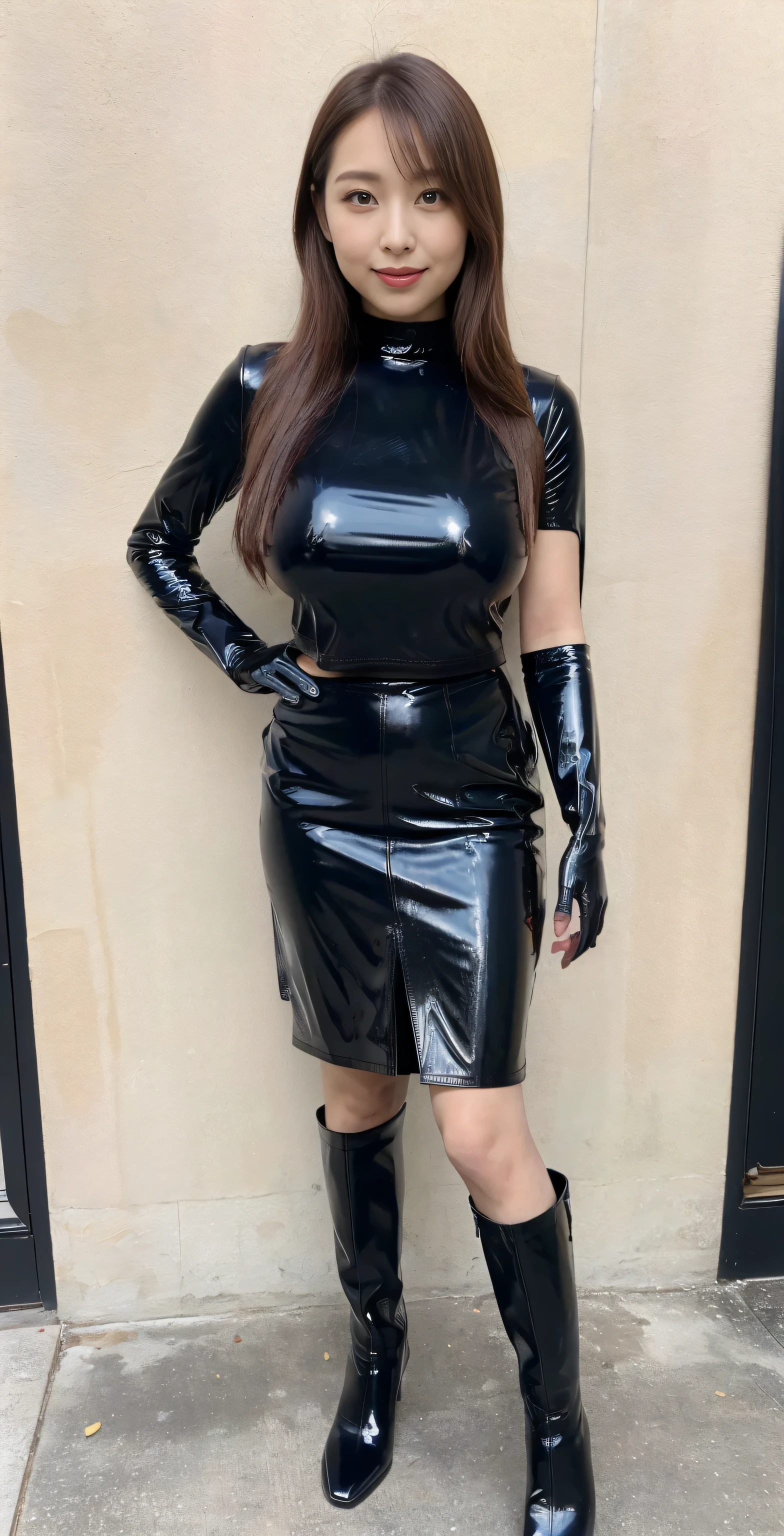 (Tabletop:1.0), (highest quality:1.4), (High resolution:1.2), (Realistic:1.4), (8k, RAW Photos:1.2), (Soft Focus:1.4),break,a girl wearing latex blouse and skirt and walking  and Smiling while taking a photo.............................................................,(a girl wearing latex translucent maxi long skirt printed polka dots pattern:1.3),BREAK,(a girls
 wearing translucent latex blouse which with a big ribbon tie:1.3),(cut out:1.3),break,(a girl wearing a pvc leather jacket which like a business suit:1.4),BREAK,Slime Skin,Smooth and tight boots, Clear skin,latex, Translucent body,latex Shiny,Perfect Fingers,(Shiny latex gloves:1.2), Boots that fit your skin,break,(walking:1.4),BREAK,bob hair,(vermilion hair:1.2),(smile:1.2),glossy Shiny reflective,Gal Makeup,Japanese Goddess, Glowing Skin,Gorgeous Japanese Model,Shiny,Shiny,slimy,(shiny black thighhigh boots:1.2),break,Detailed Background,(at gorgeous hotel:1.3)