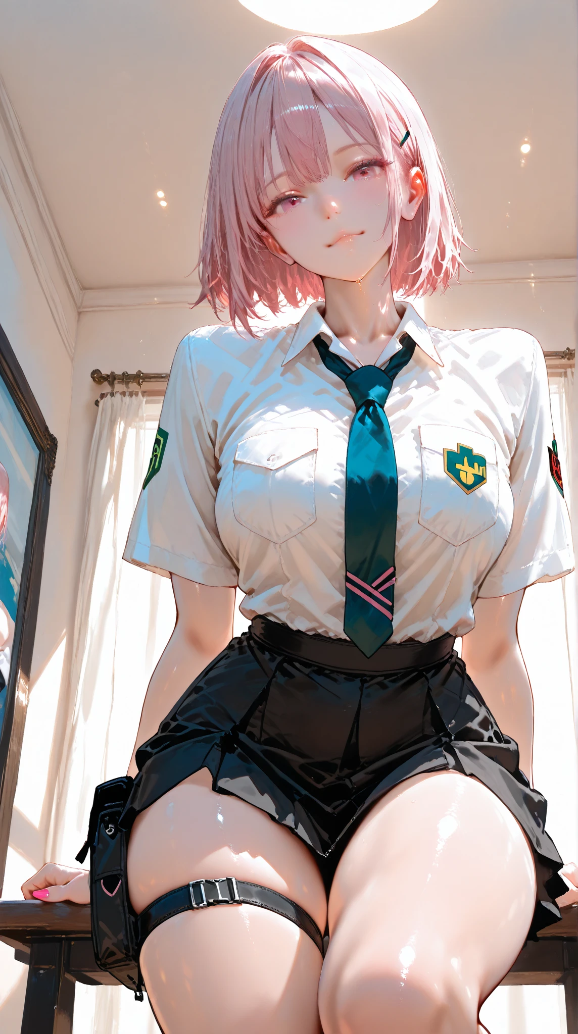 the Extremely Detailed CG Unity 8K Wallpapers、top-quality、ultra-detailliert、masterpiece、extremely detailed cute girl、15yo student、((skirt lift by yourself)))、(lifted by self)、White panties、Lace panties、ー、panties focus、red blush、half-opened mouth、looking at the viewers、Semi-body shot、(crowd)、(ruins)、short-hair、A pink-haired、eye glass、