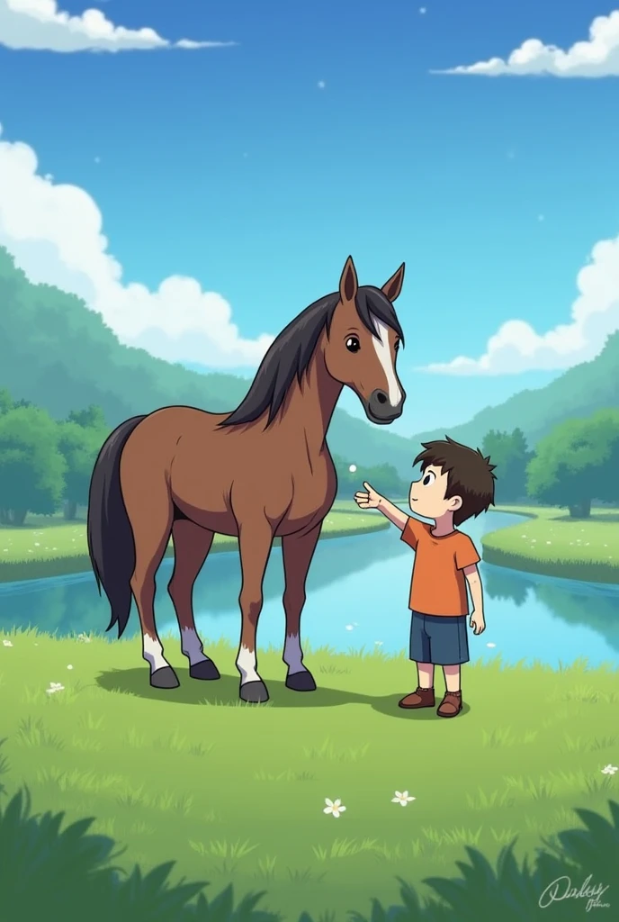 A cute anime boy giving a blowjob to a furry horse's big black penis