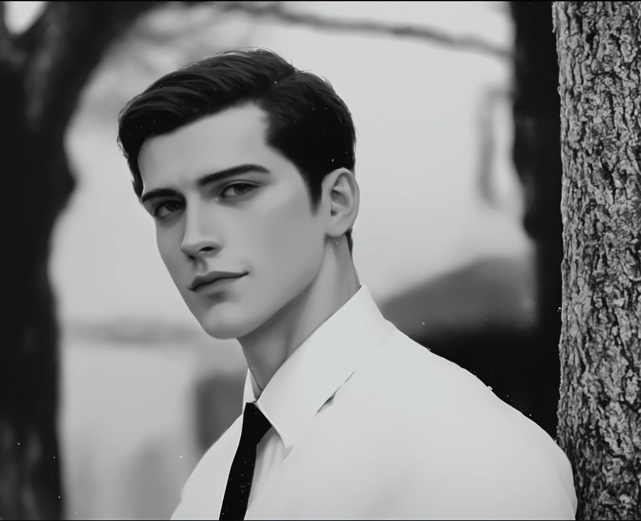 Man in shirt and tie, standing next to a tree, well-groomed model , extremely beautiful, beautiful and attractive, handsome man, style very beautiful, beautiful and elegant, handsome man, pretty face, who finds, round face, inspired by Ramon Pichot, perfect pretty face, handsome young man, very attractive and beautiful, 1 9 4 0 haircut