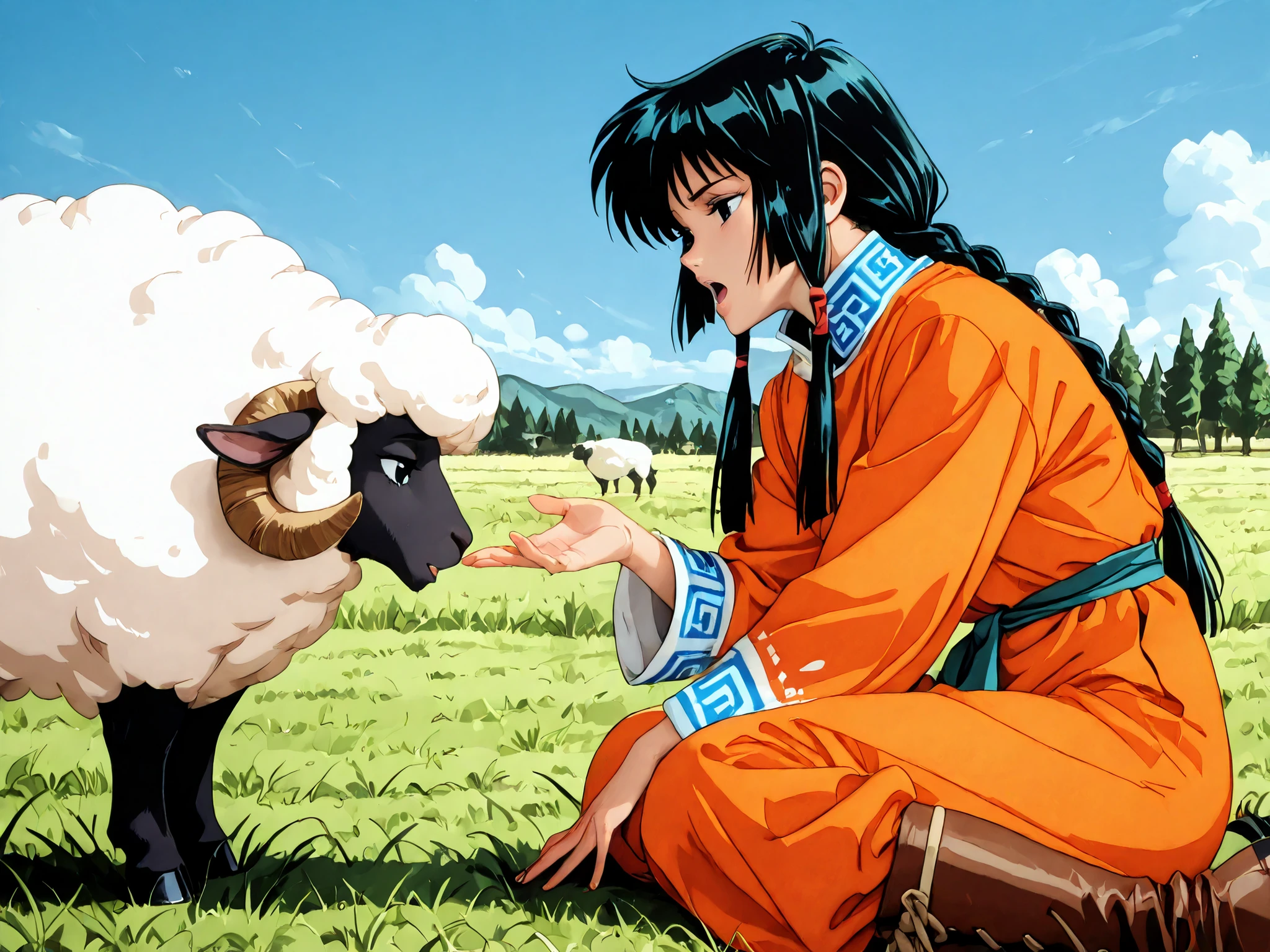 1 girl,beautiful girl,adult,18 years old,black eyes,black hair,long hair,braids,skinny,masterpiece,general,highres, ultra-detailed,very aesthetic,best quality ,best hands,best eyes,perfect anatomy,anime coloring,retro art style,1990s /(style/),easynegative,BREAK,traditional mongolian deel,del,long sleeves,mongolian style boots,mongolian style long trousers,BREAK,steppe climate,mongolian steppe,sheep, grazing, sheep farming,blue sky,open mouth,side view,