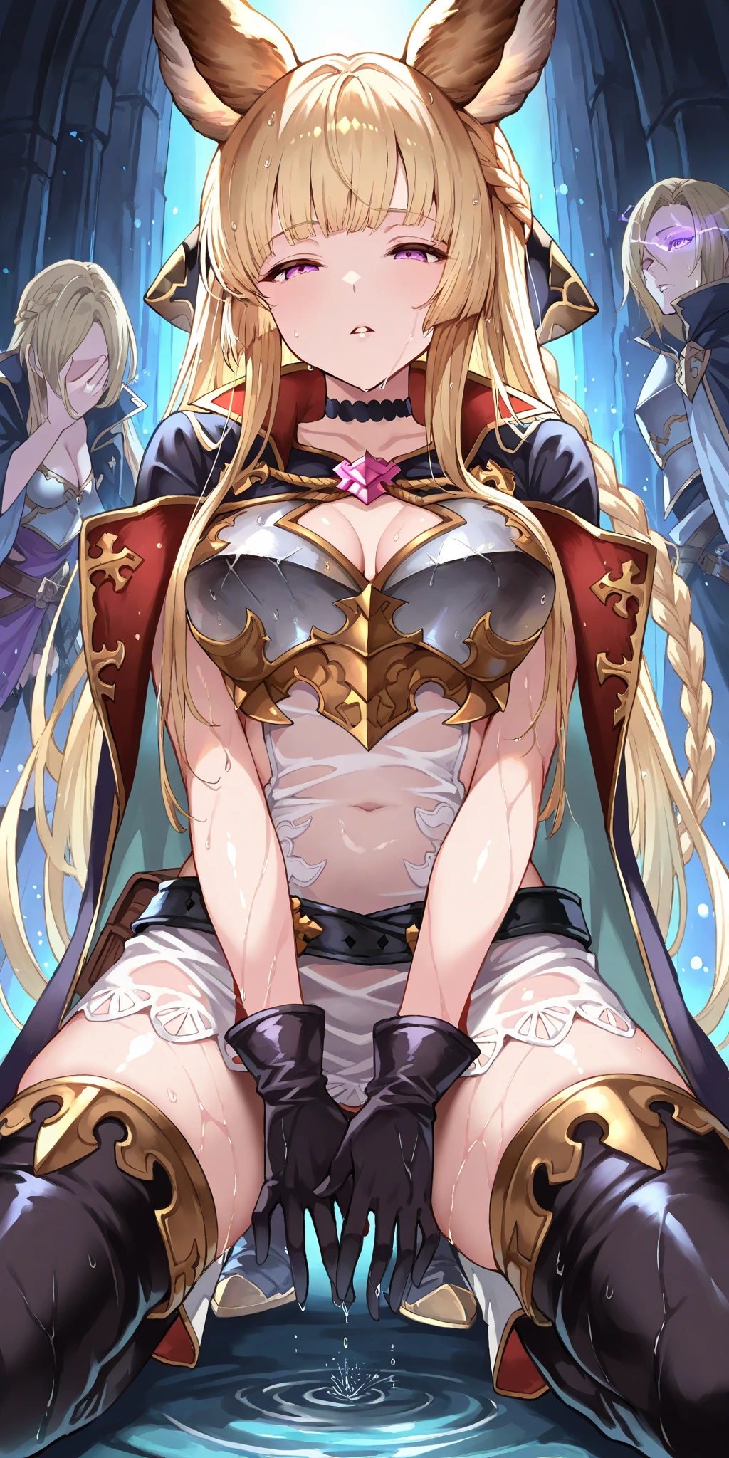 Cleric,blonde hair ,closed eyes ,pointy ears , solo, large breasts, upper body, standing, open mouth, arms behind back, leaning forward,
cleavage,cuffs,shackles,bare shoulders,side slit,strapless dress, hips,
outer space, stars, milky ways, windows, church,
(insanely detailed, beautiful detailed face, masterpiece, best quality) <lora:Cleric:0.7>