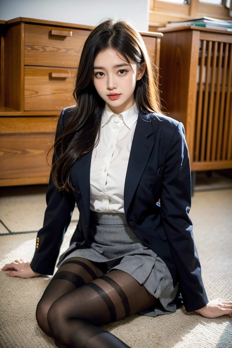 ulzzang-6500-v1.1, (raw photo:1.2), (photorealistic:1.4), beautiful detailed girl, very detailed eyes and face, beautiful detailed eyes, ridiculous, incredibly ridiculous, huge file size, super detailed, high resolution, very detailed, best quality, masterpiece, kemomimi, ((Japanese girls' high school uniform)), illustration, very detailed, CG, unified, 8k wallpaper, amazing, Fine details, masterpiece, best quality, very detailed CG uniform 8k wallpaper, light on face, cinematic lighting, 1girl, 16 years old, ((no panties)), ((dynamic pose))), (camel toe), (half), (pantyhose), (knee-bending leg sitting))
