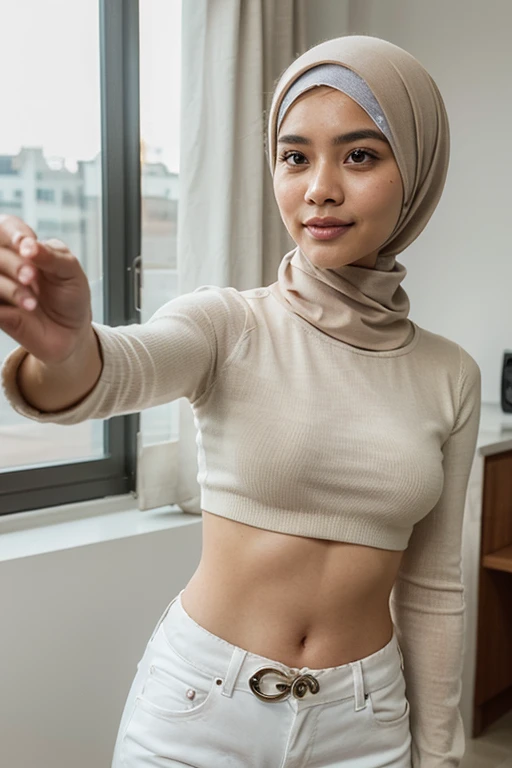 A milf wearing a hijab, Wear tight Croptop and wear short hot jeans, blank background, Photo profile WhatsApp
