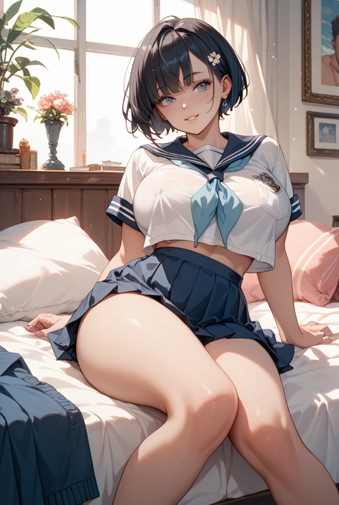 (8k, RAW photo, best quality, masterpiece, soft cinematic lighting, soft color:1.4),(front view:1.7),( POV,looking  at viewer:1.7),(detaileds beautiful eyes focus,Close-up beautiful eyes:1.6),(realistic), (very messy room background:1.5), (solo, mature woman,19years old,super beautiful face,super detaild beautiful eyes :1.5), {sailor uniform:1.1),(show off nipple:0.5),low-cut miniskirt,sheer :1.3}, (embarrassed,red Cheeks:1.25),bob cut hair, {{slicked back hair}}, white blonde color hair, clean skin, (smaller butt:0.5),(coverd nipple:0.8),(sagging huge long wide heavy breasts:1.5),(under boob:1.8), (thick, curvy:1.35),(1boy,sex,open leg:1.5),(open mouth:1.2),(arms behind back:0.8),(lying,on side:1.7),
