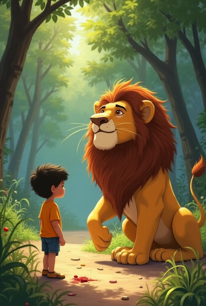 The lion speaks softly to boy , looking a bit sad and hungry.