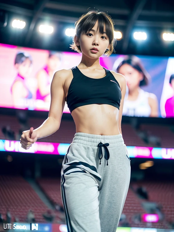 ((masterpiece, Top image quality, high resolution、solo、、high ponytail hairstyle、a smile、smile slightly、shiny skin))、（conservative sportswear：1.5）、Sweaty face、puberty, covered in sweat、Standing in the ring、solo、((Standing in the ring))、(((manly body)))、、(((See the whole body)))