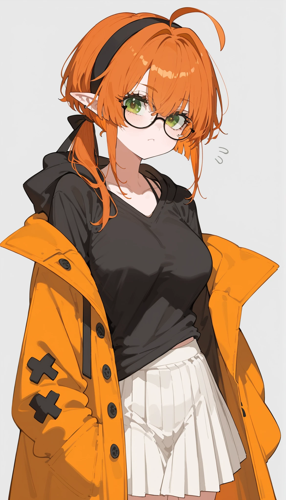 girl,doll with glasses,orange hair,Short hair, in brown eyes,Pointed ears,big breasts,slim,miniskirt,black and white socks,cute,Fierce face,Single Strap,Oversized Coat,Black Shirt,Headband,Black Tie,white skirt,Pleated skirt,Black T-Shirt,Upper Body Shape, hearth ahoge,Long Ponytail,in Green Eye,Light hair color,gray background, Hoodie , ghoul eyes,sleepy